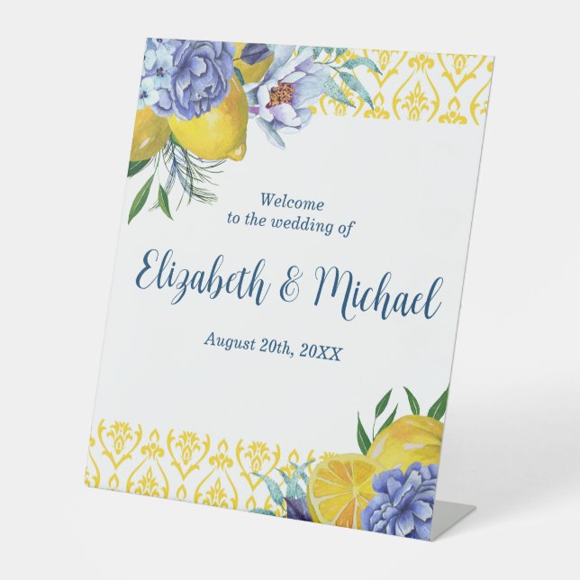 Signe De Table Elégant citron Mariage Floral Bienvenue (Recto)