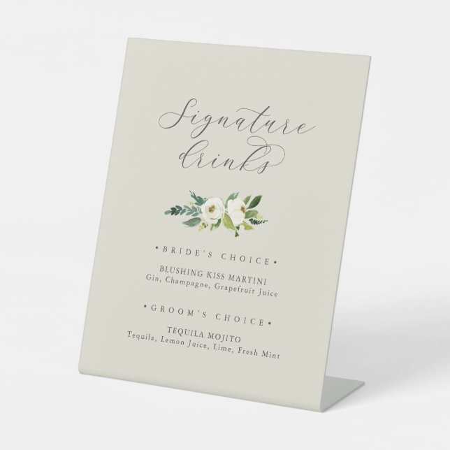 Signe De Table Élégant floral blanc | Boissons Signature Champagn (Recto)