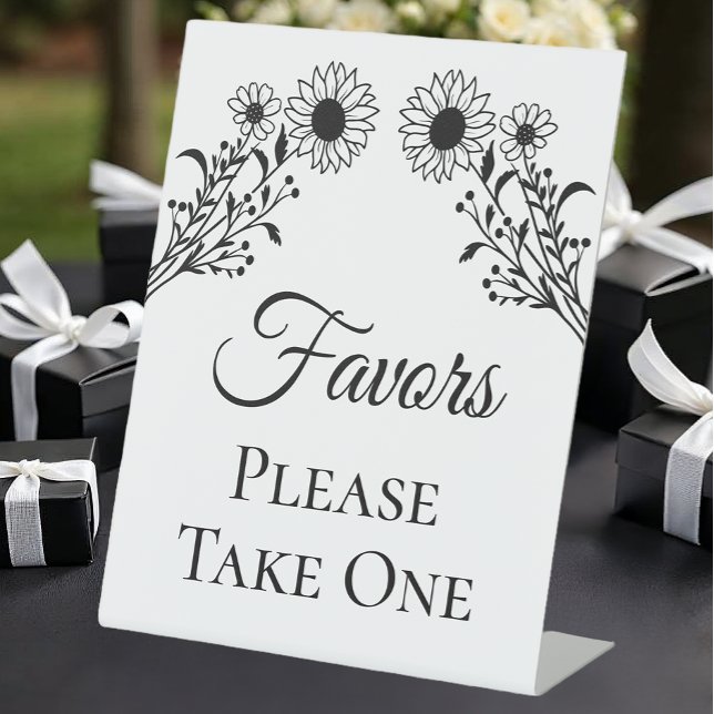 Signe De Table Elégant Floral Noir Blanc Tournesol Mariage Favori (Créateur téléchargé)