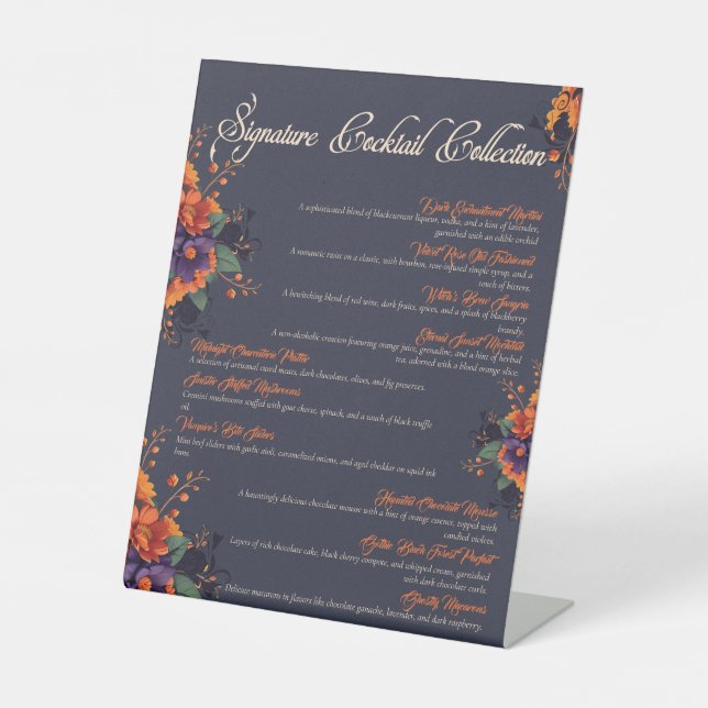 Signe De Table Élégant Gothique 3D Crâne floral menu cocktail (Recto)
