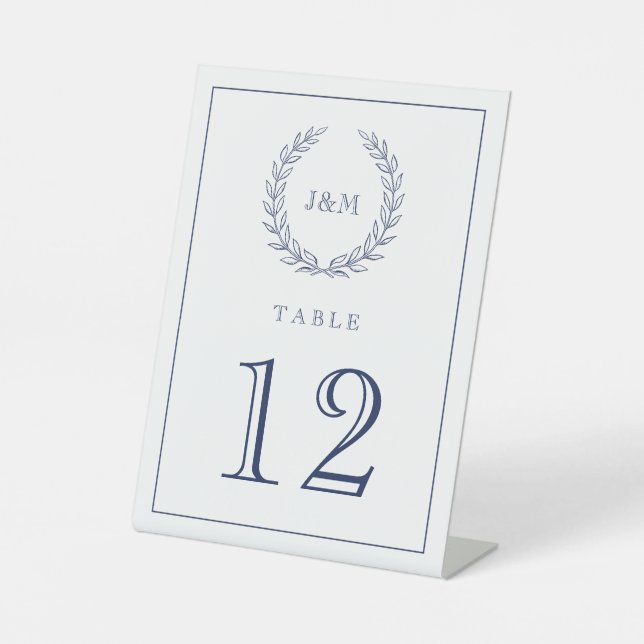 Signe De Table Élégant Mariage blanc de la marine Monogram Laurel (Recto)