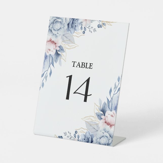 Signe De Table Élégant Mariage floral bleu et blanc (Recto)
