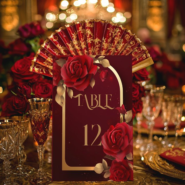 Signe De Table Élégant Mariage rustique Bourgogne et or (Elegant Burgundy Red Rose Table Number Pedestal Sign)
