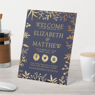 Signe De Table Elégant Marine & Gold Floral Mariage Bienvenue
