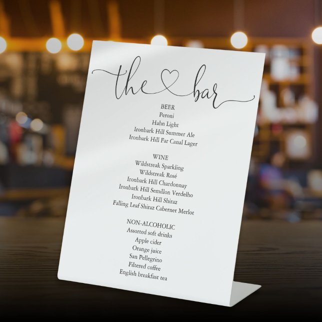 Signe De Table Élégant Menu de Bar à Script Cœur Moderne (Elegant Modern Heart Script Bar Menu Pedestal Sign)