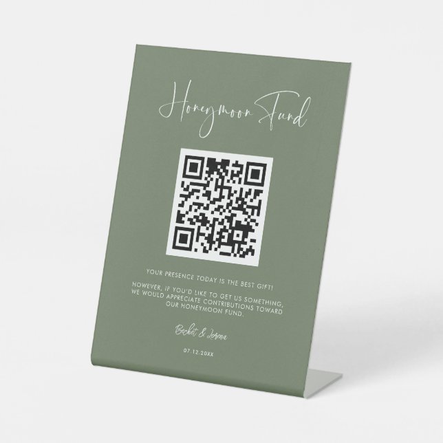 Signe De Table Elégant & moderne Dark sage Honeymoon fund QR code (Recto)