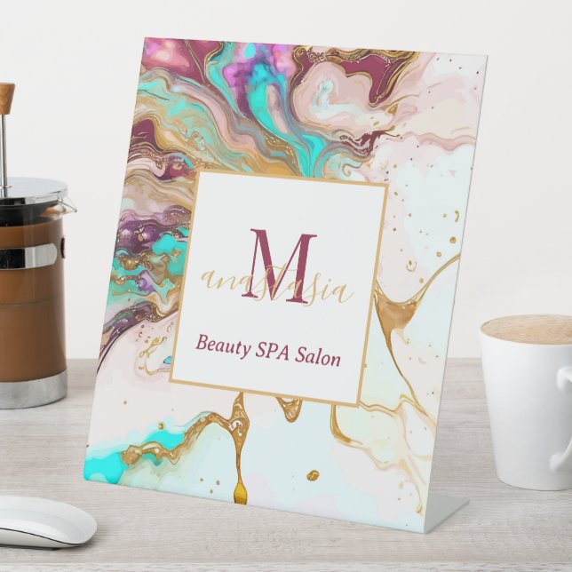 Signe De Table Elégant or Fox marbre Monogramme Beauté Salon (In SItu)