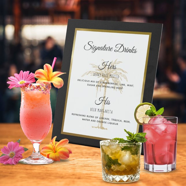 Signe De Table Elégant Palm Tree Mariage Signature Boissons (Elegant Gold Palm Tree Wedding Signature Drinks Pedestal Sign)