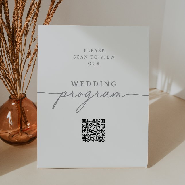 Signe De Table Élégant Programme de Mariage avec Code QR Gris Cal (Créateur téléchargé)