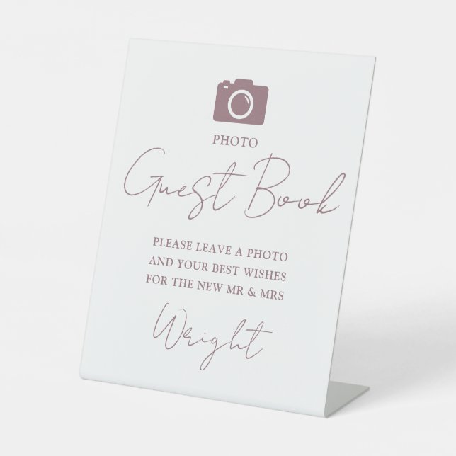 Signe De Table Élégant Script Mauve Photo Guest Book Mariage (Recto)