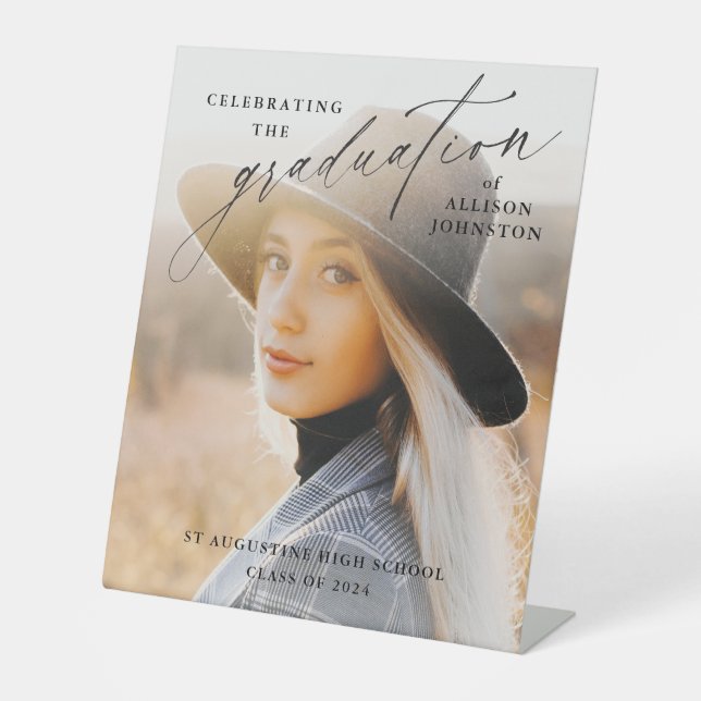 Signe De Table Élégant Script Photo Graduation Bienvenue (Recto)