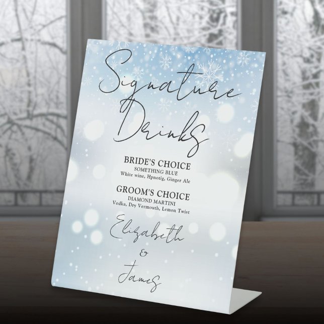Signe De Table Élégant Script Signature Boissons Snowflakes hiver (Elegant Script Signature Drinks Winter Snowflakes Pedestal Sign)