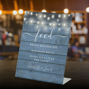 Signe De Table Elégant String Lights Blue Rustic Wood Menu de nou