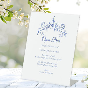 Signe De Table Elégant Vintage Romance Blue Mariage Open Bar
