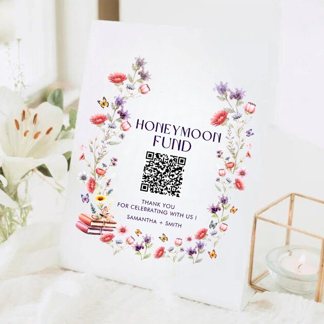 Signe De Table Elegant Wildflower Honeymoon Fund QR Code Wedding (Elegant wildflower honeymoon fund QR code sign with watercolor florals and modern charm.)