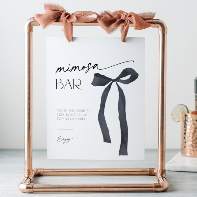 Signe De Table Élégante Bow Noir Gothique Attachant le noeud Mimo (Mimosa bar sign with elegant black bow for a gothic "she's tying the knot" themed bridal shower)