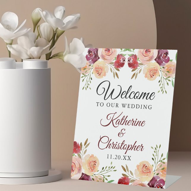 Signe De Table Élégante florale bourguignonne Bienvenue à notre M (Créateur téléchargé)