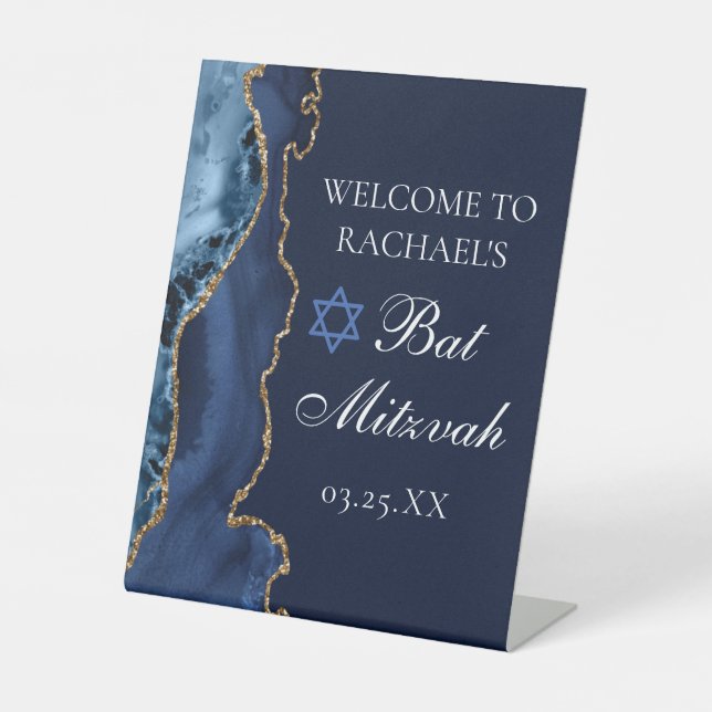 Signe De Table Elégante Marine Blue Gold Agate Bat mitzvah Party (Recto)