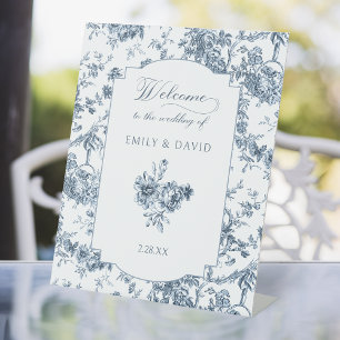 Signe De Table Élégante toile Florale Bleue Française Gravée