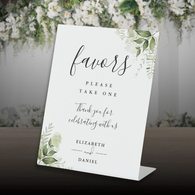 Signe De Table Élégantes Faveurs de Script Moderne de Verdure Flo (Elegant Floral Greenery Modern Script Favors Pedestal Sign)