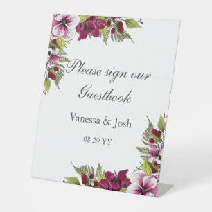Signe De Table Élégantes fleurs blanches de Magenta et plantes ve