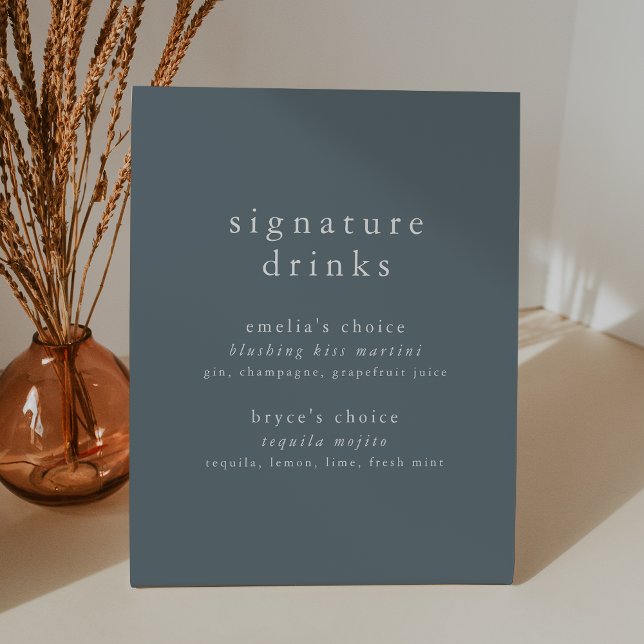Signe De Table ÉmeLIA Dusty Blue Minimal Mariage Signature Boisso (EMELIA Dusty Blue Minimal Wedding Signature Drink Pedestal Sign)
