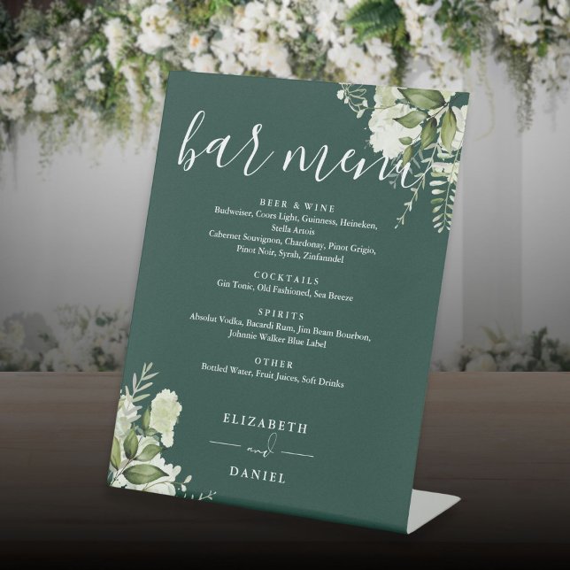 Signe De Table Emerald Floral Greenery Mariage Bar Menu (Emerald Floral Greenery Wedding Bar Menu Pedestal Sign)