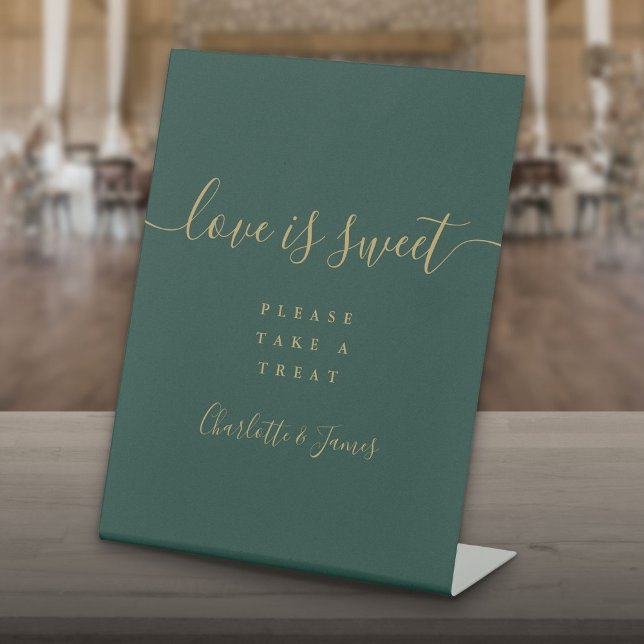 Signe De Table Emerald Green Et Gold Script L'amour est doux Fave (Emerald Green And Gold Script Love Is Sweet Favor Pedestal Sign)