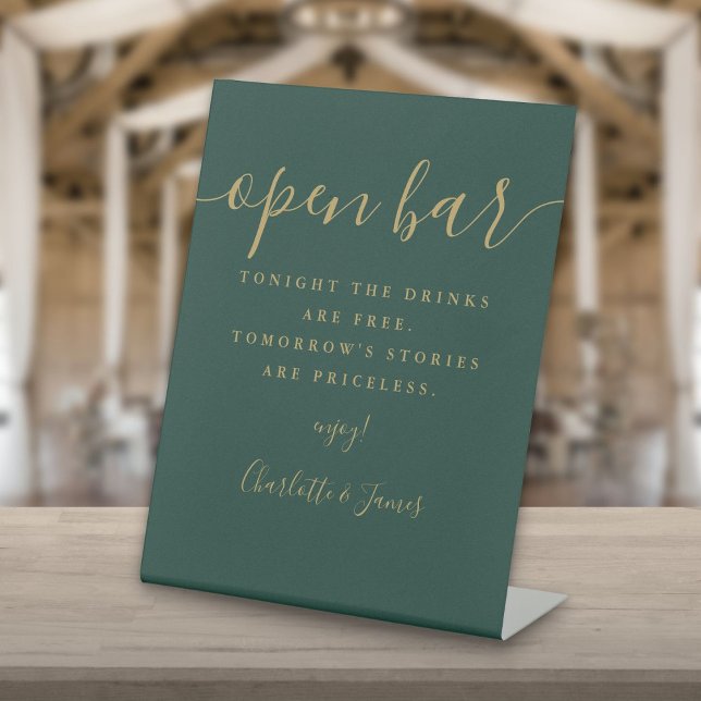 Signe De Table Emerald Green Et Gold Script Open Bar (Emerald Green And Gold Script Open Bar Pedestal Sign)