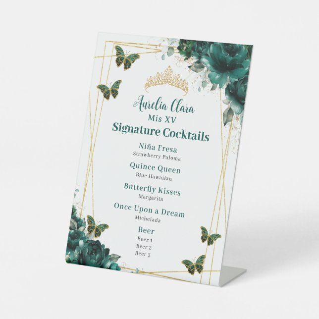Signe De Table Emerald Green Floral Quinceanera Bar Cocktail Menu (Recto)