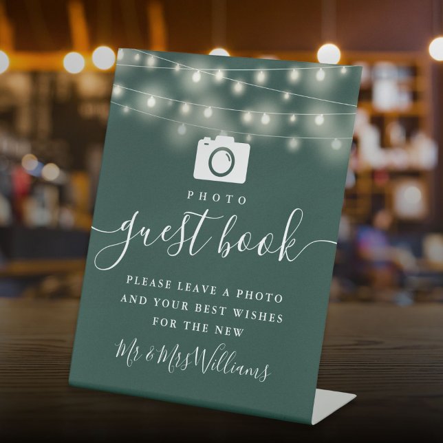 Signe De Table Emerald Green String Lights Photo Livre d'invité (Emerald Green String Lights Photo Guest Book Pedestal Sign)