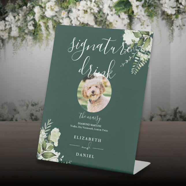 Signe De Table Emerald Greenery Mariage Animaux de compagnie Sign (Emerald Greenery Wedding Pet Signature Drink Pedestal Sign)