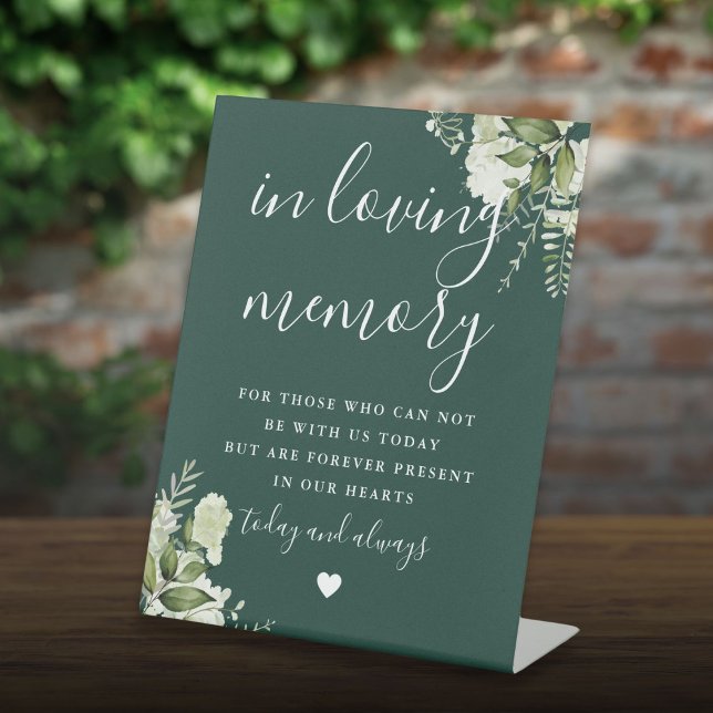 Signe De Table Emerald In Love Mémoire Mariage (Emerald In Loving Memory Greenery Wedding Pedestal Sign)