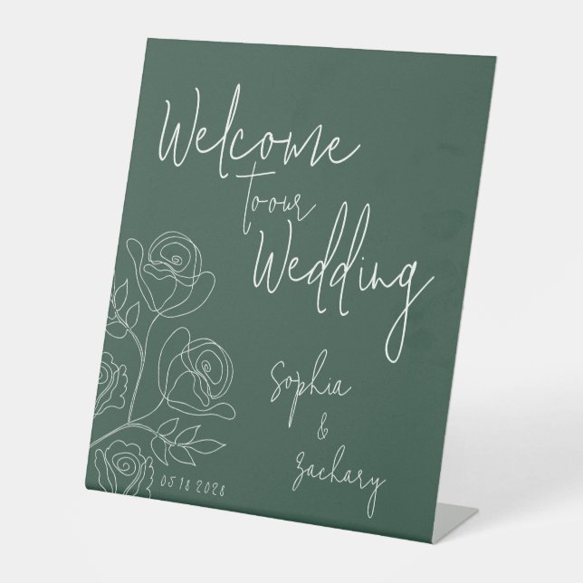 Signe De Table Emerald White Roses Calligraphie Mariage de bienve (Recto)