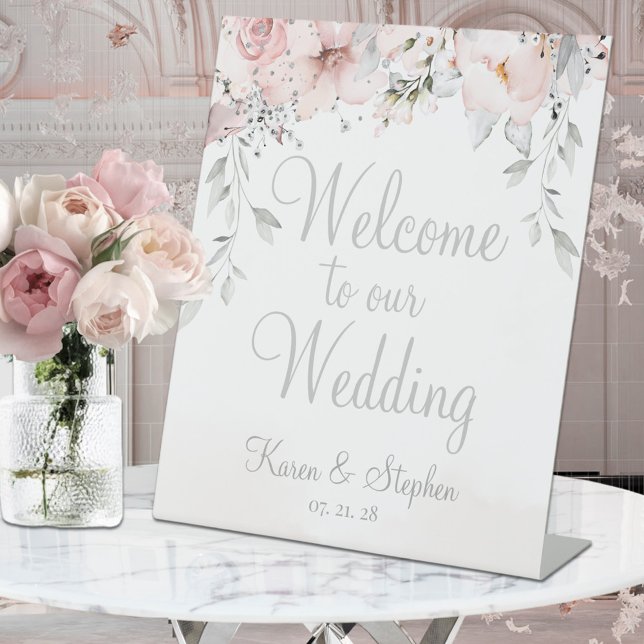 Signe De Table Eucalyptus Argent Peony Blush Bienvenue Au Mariage (Créateur téléchargé)