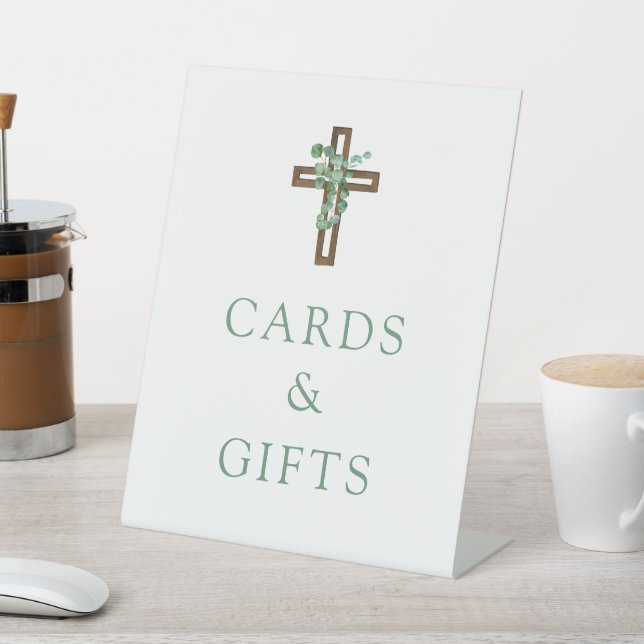 Signe De Table Eucalyptus Cross Moderne Baptême Cartes et Cadeaux (In SItu)