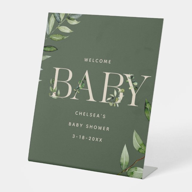 Signe De Table Eucalyptus Lettrage Baby shower neutre Bienvenue (Recto)