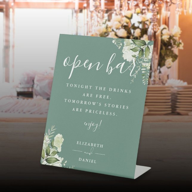 Signe De Table Eucalyptus Vert Élégant Verdure Floral Open Bar (Eucalyptus Green Elegant Greenery Floral Open Bar Pedestal Sign)