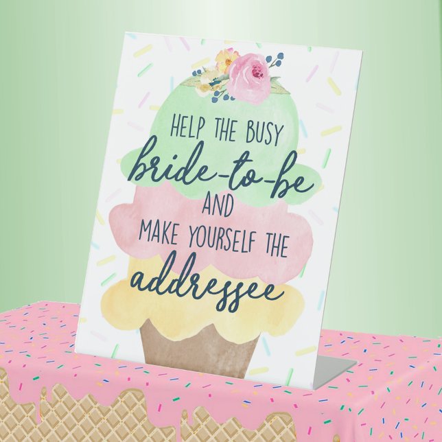 Signe De Table Faites de vous la Fête des mariées du destinataire (Bride to Be Addressee Watercolor Ice Cream Bridal Shower Pedestal Table Sign)