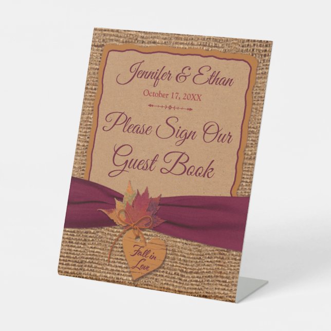 Signe De Table Fall in Love Burlap, Mariage Feuille (Recto)
