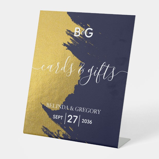 Signe De Table Faux Gold Navy Blue Monogram Cartes de mariage et  (Recto)