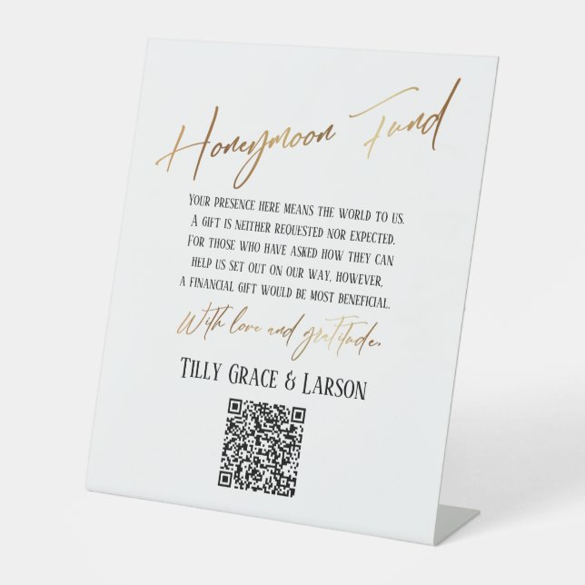 Signe De Table Faux Gold Typography Honeymoon Fund QR Code (Recto)