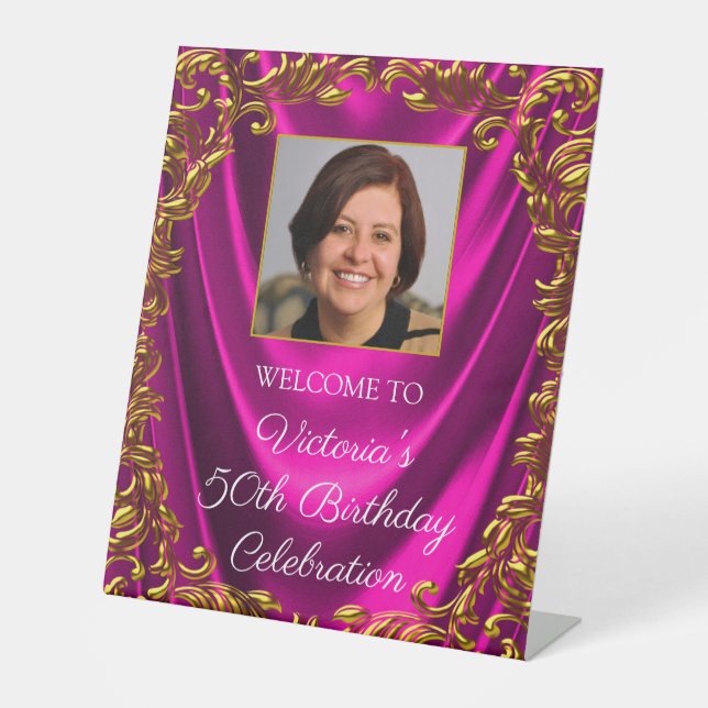 Signe De Table Femme Fuchsia Gold Photo Birthday Welcome Table (Recto)