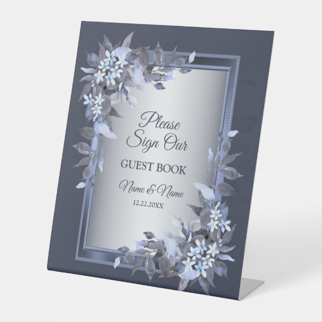 Signe De Table Fête de mariage Marine bleu Floral Argent gris élé (Recto)