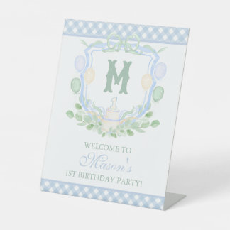 Signe De Table Fête de monogramme de crête de bleu d'aquarelle po