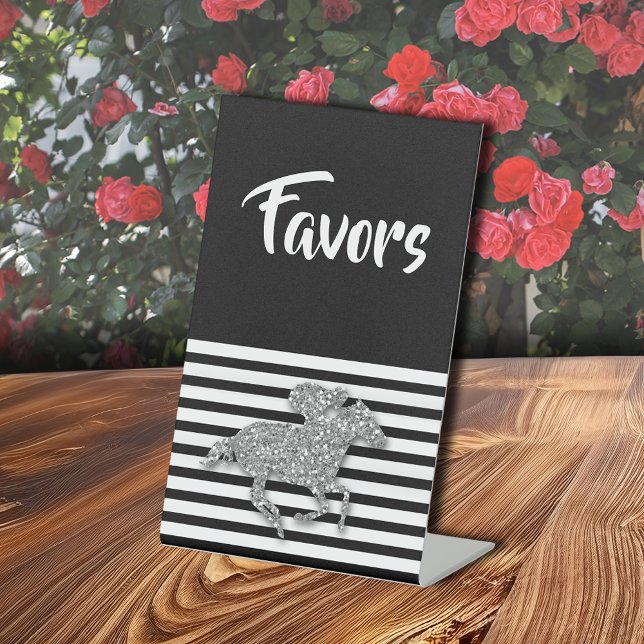 Signe De Table Fête des mariées de hippocampe argenté Faveurs (Silver Racehorse Derby Bridal Shower Cards and Gifts Pedestal Sign)