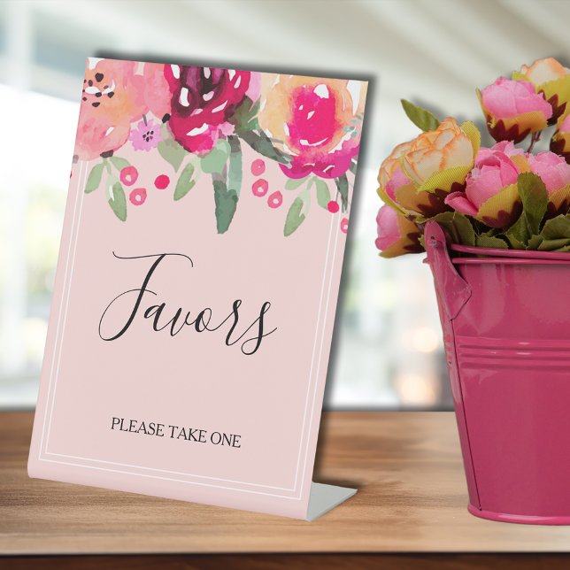 Signe De Table Fête des mariées florale rose romantique privilégi (Romantic pink watercolor flowers bridal shower Favors tabletop pedestal sign)