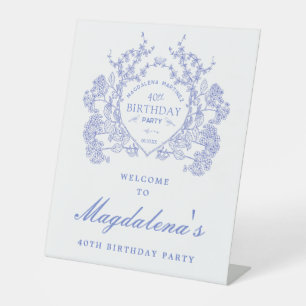Signe De Table Fête du 40e anniversaire Blue Floral Crest Bienven