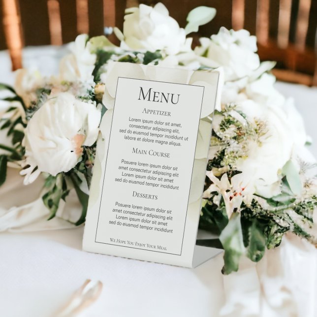 Signe De Table Feuillage vert Muet Menu Mariage personnalisé (Muted Green Foliage Personalized Wedding Menu Pedestal Sign from Ricaso)