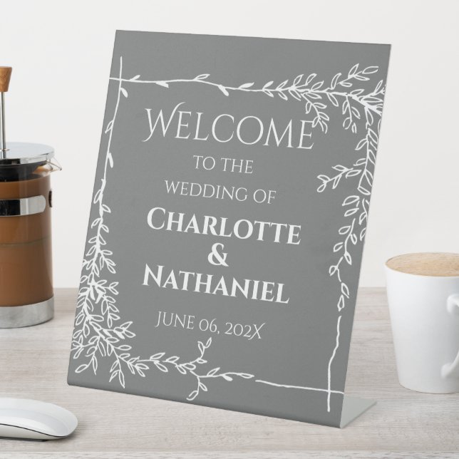 Signe De Table Feuilles blancs modernes sur Mariage gris Bienvenu (In SItu)